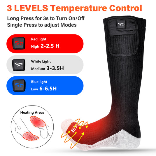 SNOW DEER Heated Socks for Winter Sports - 3 Temp Levels,100% Cotton, Blood Circulation, Ideal for Skiing/Hiking/Camping