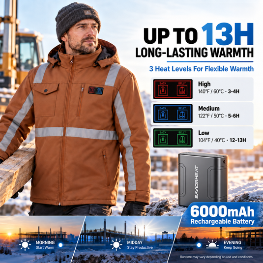 SNOW DEER Heated Work Jacket for Men, High Visibility Night Safety Heating Jacket with 5 Heating Zones, 6000mAh Rechargeable Battery, 3 Temperature Levels, for Outdoor Work Winter
