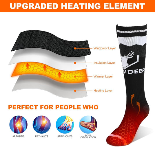 SNOW DEER Upgraded Rechargeable Electric Heated Socks，Ultimate Foot Warmer for Men & Women, Perfect for Skiing, Camping, Hiking, Motorcycling, &Outdoor Riding in Winter