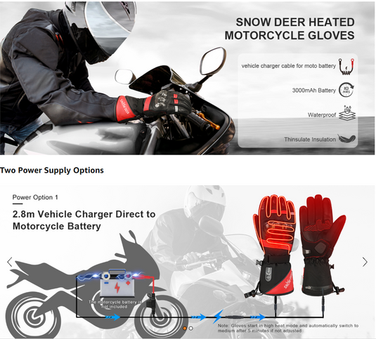 SNOW DEER Heated Motorcycle Gloves,7.4V 3000MAH Electric Rechargeable Battery Waterproof Riding Gloves Men Women for Winter Biking Cycling Ski Snow Insulated Glove Hand Warmer Moto Gloves