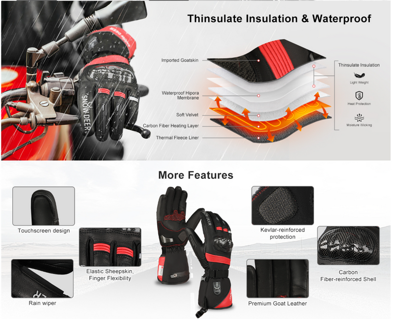 Load image into Gallery viewer, SNOW DEER Heated Motorcycle Gloves,7.4V 3000MAH Electric Rechargeable Battery Waterproof Riding Gloves Men Women for Winter Biking Cycling Ski Snow Insulated Glove Hand Warmer Moto Gloves

