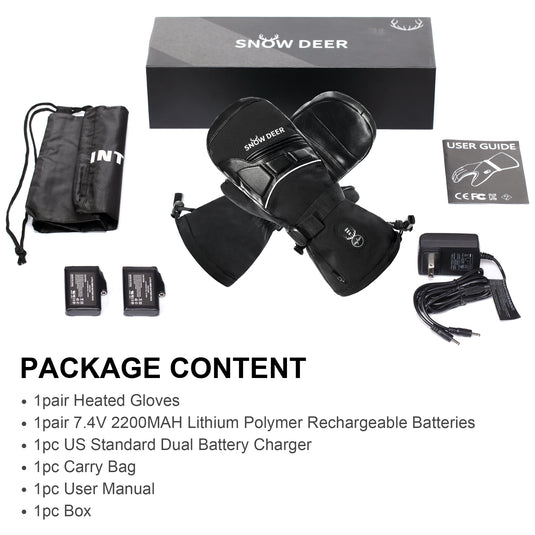 SNOW DEER Heated Mittens for Men and Women - 7.4V 2200MAH Electric Rechargeable Battery Gloves for Winter Skiing, Skating, Snow, Camping, Hiking - Heated Hand Warmer