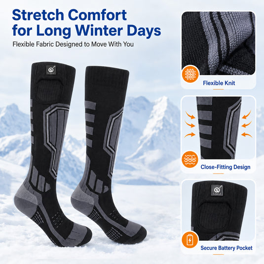 SNOW DEER Heated Ski Socks for Men Women, 7.4V Rechargeable Electric Thermal Socks with 55℃ Auto Overheat Protection, 16H Long Lasting Warmth, 3 Temperature Settings, for Skiing Snowboarding Winter