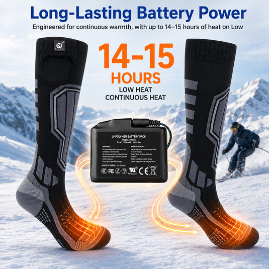 SNOW DEER Heated Ski Socks for Men Women, 7.4V Rechargeable Electric Thermal Socks with 55℃ Auto Overheat Protection, 16H Long Lasting Warmth, 3 Temperature Settings, for Skiing Snowboarding Winter