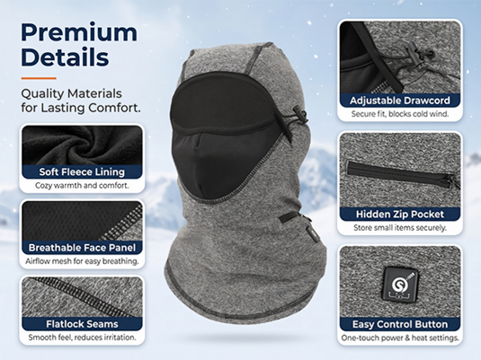 SNOW DEER Heated Ski Mask Balaclava, Electric Windproof Thermal Fleece Heated Face Mask with 3 Heat Levels, 7.4V Rechargeable Heated Balaclava for Skiing Cycling Hiking Snowmobile Winter Outdoor