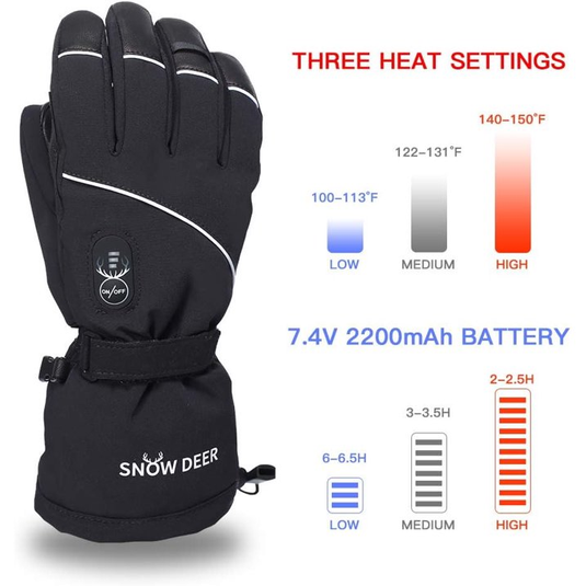SNOW DEERElectric Heated Gloves, Waterproof & Windproof Ski Gloves with Rechargeable Battery & Touchscreen - Three Heat Settings for Cold Weather Snowboarding
